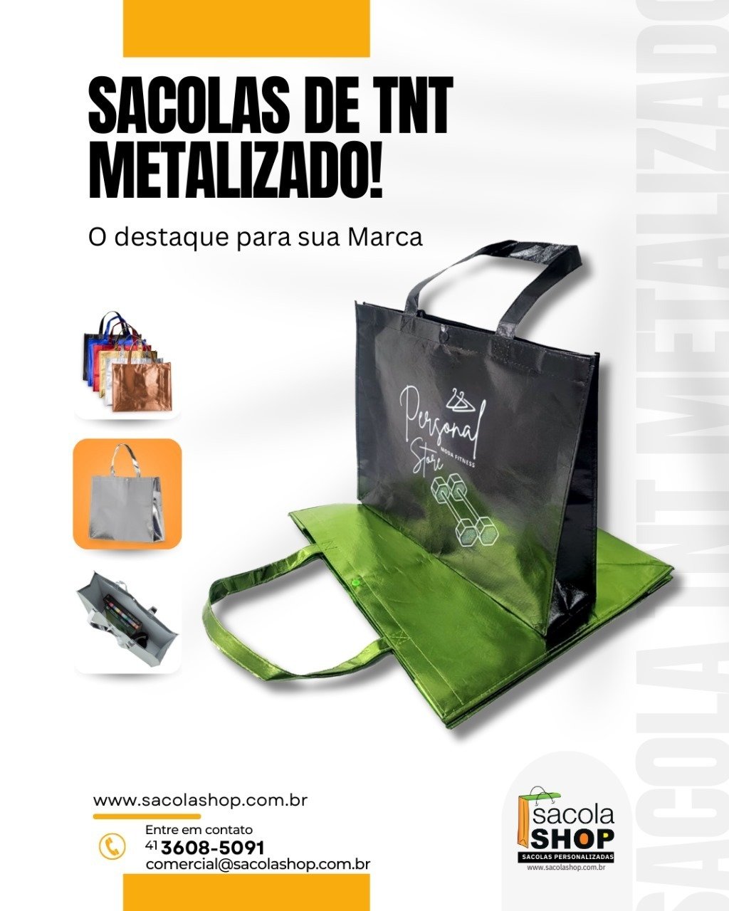 Sacolas de TNT metalizado com fechamento em botão