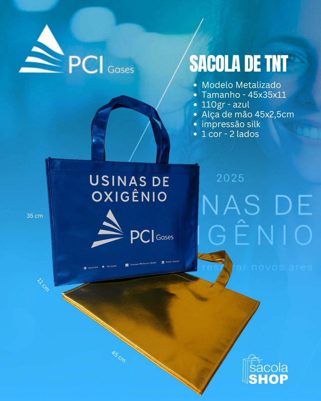 Sacolas de TNT metalizado com fechamento em botão